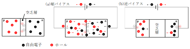 電圧の方向と半導体内のキャリアの動き